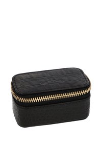 Schmuckkästchen aus schwarzem Leder mit Krokodillederstruktur, goldener Reißverschluss, rechteckiger Form und glattem Deckel mit eingeprägtem Branding.