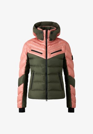 Padded jacket with a pink and green color block design, high collar, zip closure, and two zippered pockets on the front.