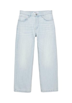 Lyseblå, høj talje, straight-leg jeans med forlommer, bæltestropper og knaplukning ved taljen.