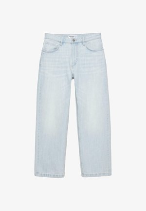 Lyseblå, høj talje, straight-leg jeans med forlommer, bæltestropper og knaplukning ved taljen.