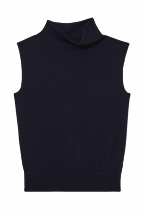 Bezrukávý námořnický top s vysokým, skládacím límcem. Má hladkou texturu a zakřivený, asymetrický design. Lem je přiléhavý.