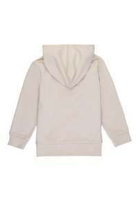 Felpa color crema con texture morbida, polsini a coste e cappuccio con coulisse. Il retro è semplice, senza loghi o decorazioni visibili.