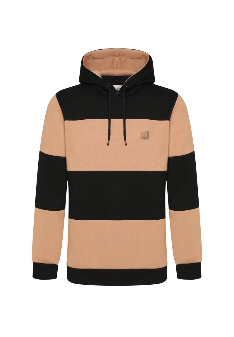 Felpa con cappuccio a strisce orizzontali nere e beige, dotata di tasca frontale e cappuccio con coulisse. Realizzata in tessuto morbido e strutturato.
