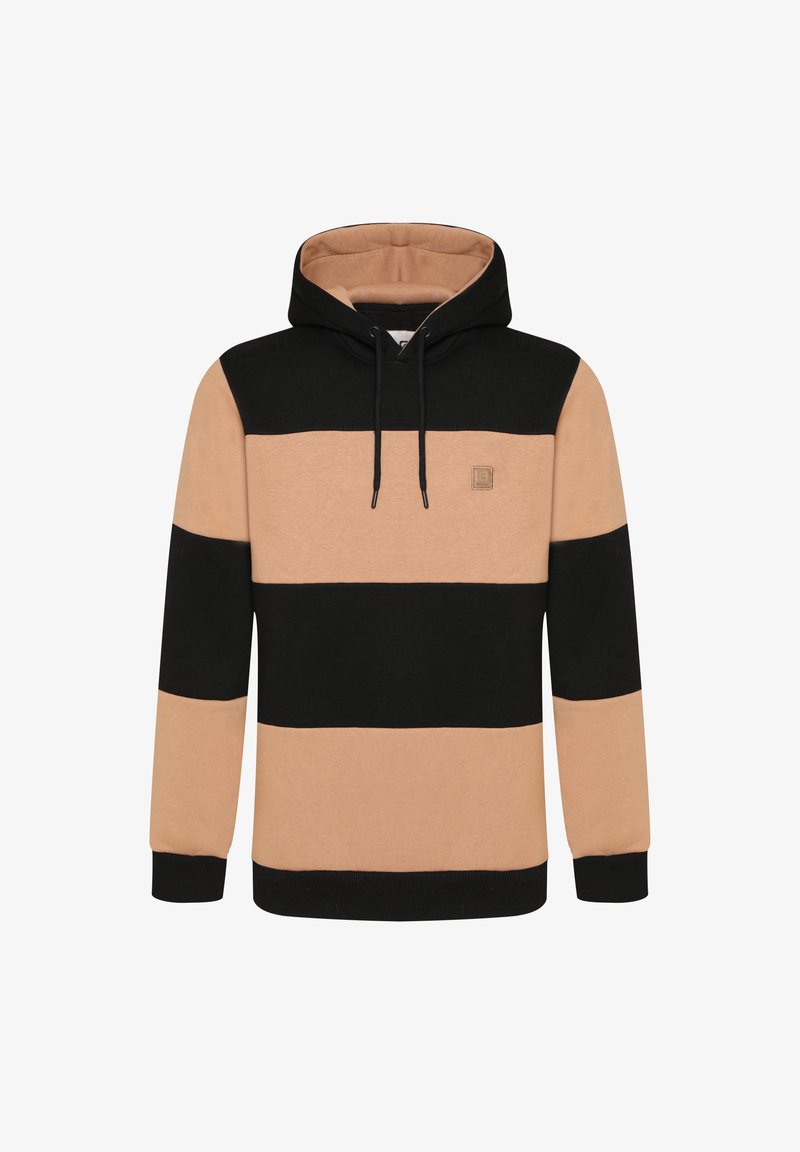 Hooded sweatshirt with horizontal black and beige stripes, featuring a front pocket and drawstring hood. Made from soft, textured fabric.