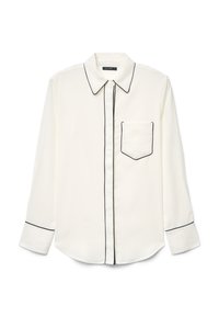 White long-sleeve shirt with contrasting black piping, classic collar, single chest pocket, and smooth texture. Button-up front design.