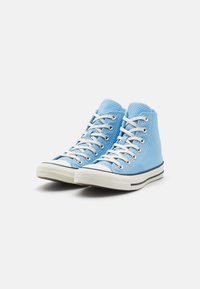 Blue high-top sneakers with a textured mesh upper, white laces, and rubber sole, featuring a black stripe along the midsole.
