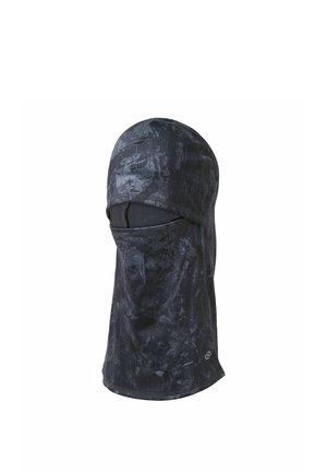 Pasamontañas camuflaje gris oscuro con zona de ojos abierta y cobertura extendida para el cuello, diseñado para protección completa de la cabeza y el rostro.
