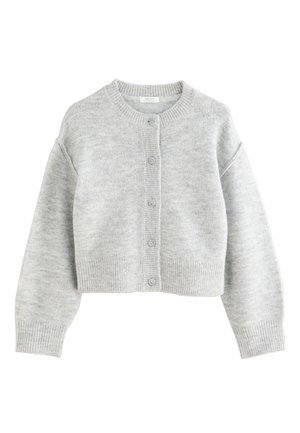 Cardigan tricoté gris clair avec manches longues, col rond, poignets et ourlet côtelés, et fermeture devant à cinq boutons.