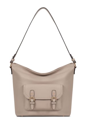 Beżowa skórzana torebka na ramię z przednią kieszenią wyposażoną w dwa złote paski z klamrami oraz regulowany długi pasek.