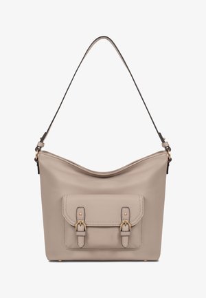 Beige leren schoudertas met een voorvak voorzien van twee gouden gespbanden en een verstelbare lange hengsel.
