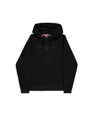 Black hoodie with a kangaroo pocket, drawstring hood, and logo printed in dark gray on the front. Features ribbed cuffs and hem.
