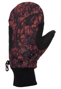 Červeno-černé rukavice se vzorovaným povrchem, s texturovanou černou dlaní a pleteným manžetou na zápěstí.