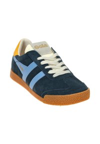 Navy suede sneaker with light blue stripes, cream laces, and yellow heel accent. Features textured gum rubber outsole and "Gola" branding.