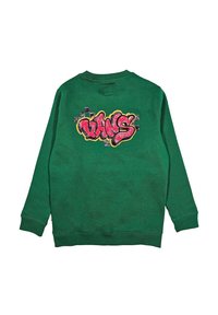 Sudadera verde de manga larga, con un gran logotipo en estilo graffiti de "VANS" en rosa y amarillo en la parte posterior, fabricada con un tejido texturizado.