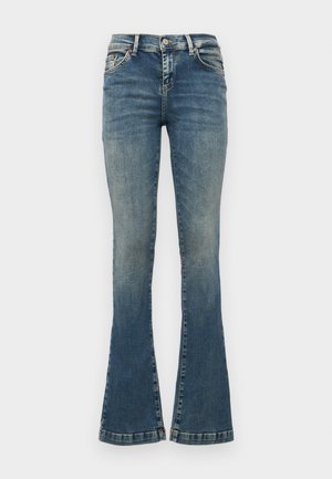 Izplūduši zili džinsi, kas izgatavoti no denima, ar izbalējumu, piecām kabatām, pogu aizdari un izšūšanas akcentiem uz jostu.