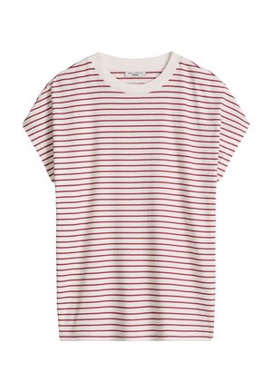 Weißes kurzärmeliges T-Shirt mit dünnen horizontalen roten Streifen und rundem Halsausschnitt, flach liegend gezeigt mit Markenetikett innen am Kragen.