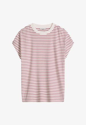 Weißes kurzärmeliges T-Shirt mit dünnen horizontalen roten Streifen und rundem Halsausschnitt, flach liegend gezeigt mit Markenetikett innen am Kragen.