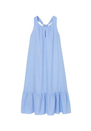 Blauwe, mouwloze jurk met een uitlopende zoom en strikbandjes achter. Gemaakt van lichte stof, met een gladde textuur en subtiele kleurnuances.