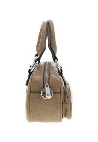 Sac à main synthétique tan avec des zips en argent, deux poignées supérieures et une poche latérale. Possède une texture lisse avec un léger éclat.