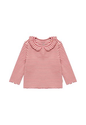 Langärmliges Kleinkindshirt mit rosa und weißen horizontalen Streifen und einem gerafften Kragen mit Knopf auf einer Seite.