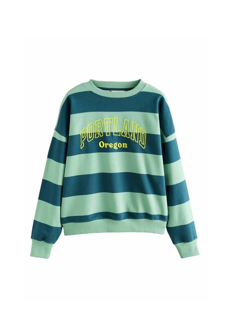 Grön och teal randig sweatshirt med "PORTLAND Oregon" i gula bokstäver. Har rund halsringning och elastiska ärmslut.