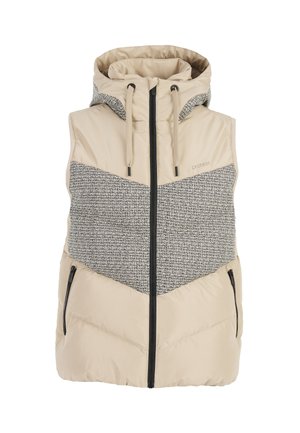 Beige gewatteerde vest met een grijze tweed-inzet, ritssluiting aan de voorkant, verstelbare capuchon en zijzakken; gladde textuur met een gewatteerde uitstraling.