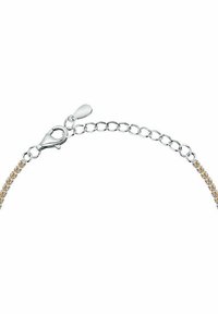 Bracciale argento con una fila di piccoli accenti dorati, una chiusura a moschettone e una catena regolabile per la dimensione.
