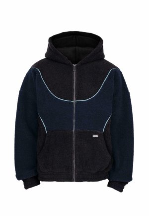 Mørkeblå fleece zip-up hættejakke med en blød tekstur, kontrasterende lyseblå kant, frontlommer og hætte med snore.