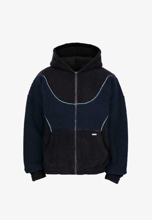 Marineblauer Fleece-Reißverschluss-Hoodie mit weicher Textur, kontrastierenden hellblauen Paspeln, frontalen Taschen und einer Kapuze mit Zugband.