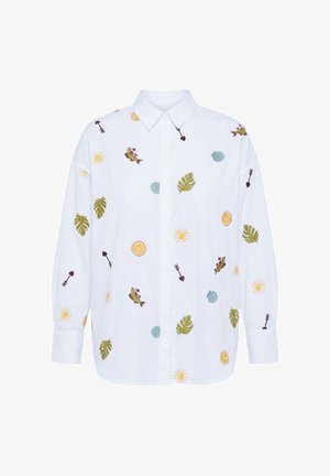 Bílá košile s dlouhým rukávem na zapínání na knoflíky s barevnými vyšívanými vzory ryb, listů, plátků citrusů, sluncí a šipek.