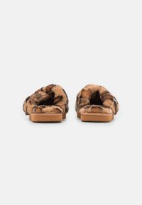 Faux fur slippers in a leopard print design, featuring a soft, plush texture and a light brown rubber sole. Open back style.