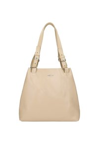 Borsa tote in pelle beige con due manici regolabili e una superficie liscia. Presenta un logo discreto al centro e una forma rettangolare spaziosa.