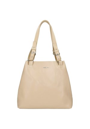 Sac fourre-tout en cuir beige avec deux poignées réglables et une surface lisse. Présente un logo discret au centre et une forme rectangulaire spacieuse.