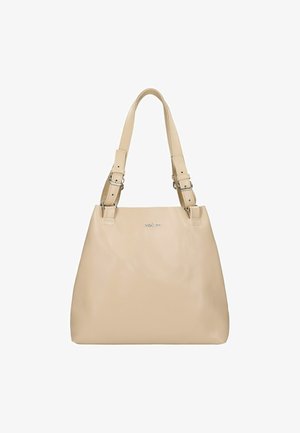 Beżowa skórzana torba typu tote z dwoma regulowanymi paskami i gładką powierzchnią. Posiada subtelną markę na środku oraz przestrzenny prostokątny kształt.