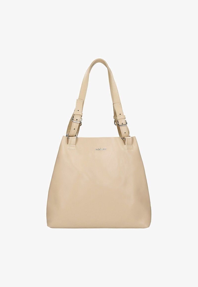 Beige leren draagtas met twee verstelbare hengels en een gladde oppervlakte. Heeft subtiele branding in het midden en een ruime rechthoekige vorm.