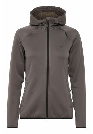 Haut de sweat zippé gris avec un col montant et une capuche, doté de poches latérales, d'une texture lisse et de subtils détails de design sur la poitrine et les manches.