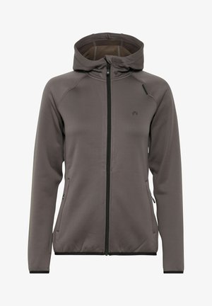Haut de sweat zippé gris avec un col montant et une capuche, doté de poches latérales, d'une texture lisse et de subtils détails de design sur la poitrine et les manches.