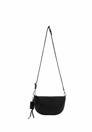 Schwarze Leder-Crossbody-Tasche mit verstellbarem Riemen, Reißverschluss und kleinem angebrachtem Täschchen mit Quasten-Detail.