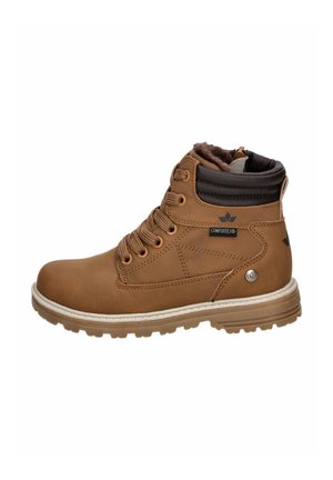 Braune Leder-Stiefelette mit Schnürung, weicher brauner Innenausstattung und braunem Gummisohle. Verfügt über ein Logo-Tag und strukturierte Akzente am Kragen.