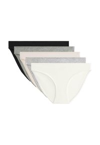 Vijf paar katoenen damesslips in zwart, grijs, lichtroze, beige en wit, met een gladde afwerking en een elastische tailleband.