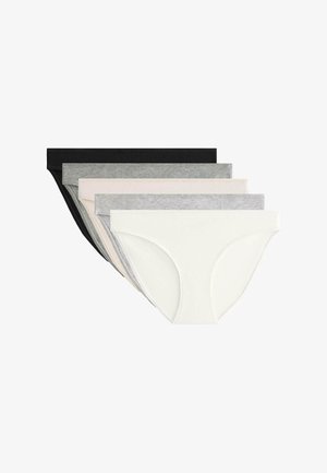 Five pairs of women's cotton brief underwear in black, grey, light pink, beige, and white, featuring a smooth finish and elastic waistband.