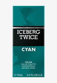 Cyan rektangulär låda för Iceberg Twice doft. Har ett svart band med vit text och en teal bakgrund med abstrakta designelement.