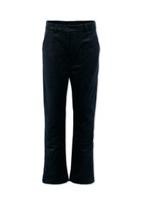 Zwarte fluwelen broek met een rechte snit, voorzien van een tailleband met knopen en zijzakken. Zachte textuur met een gladde afwerking.