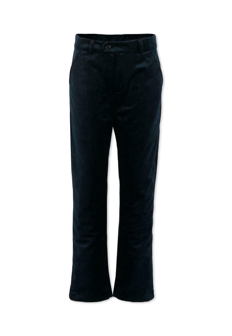 Zwarte fluwelen broek met een rechte snit, voorzien van een tailleband met knopen en zijzakken. Zachte textuur met een gladde afwerking.