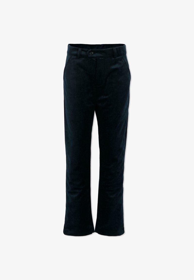 Zwarte fluwelen broek met een rechte snit, voorzien van een tailleband met knopen en zijzakken. Zachte textuur met een gladde afwerking.