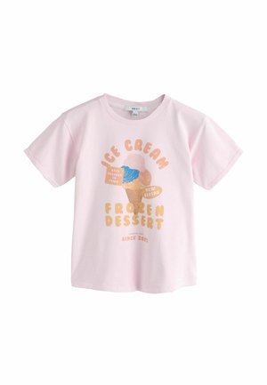 Light pink short-sleeve t-shirt with an ice cream cone graphic and text reading "Ice Cream Frozen Dessert" and "Best dessert in town."