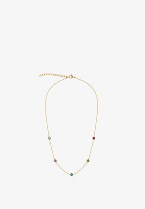 Delikat halskæde i guldkæde med fem jævnt fordelt flerfarvede ædelsten, med justerbar lås.