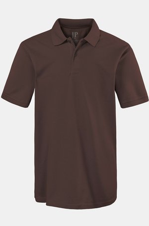 Polo shirt marrone a maniche corte realizzato in tessuto liscio con design colletto e patta con tre bottoni. Nessun motivo o dettaglio visibile.