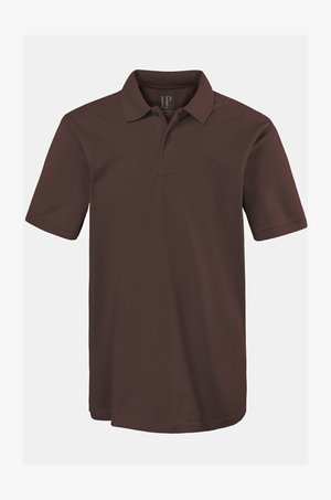 Brun kortærmet polo skjorte lavet af glat stof med krave design og tre-knaps lukning. Ingen synlige mønstre eller accenter.