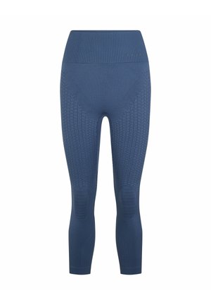 Hoch taillierte, nahtlose blaue Leggings mit strukturierten Chevron- und Rippenmustern, entworfen für Komfort und Stretch.